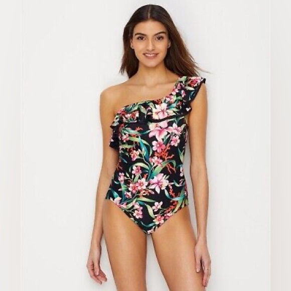 Carmen Marc Valvo Swimsuit One-Shoulder Floral-Print Ruffle One-Piece - Picture 7 of 10